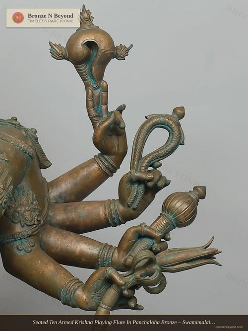 Seated Ten Armed Krishna Playing Flute In Panchaloha Bronze – Swamimalai, Tamil Nadu