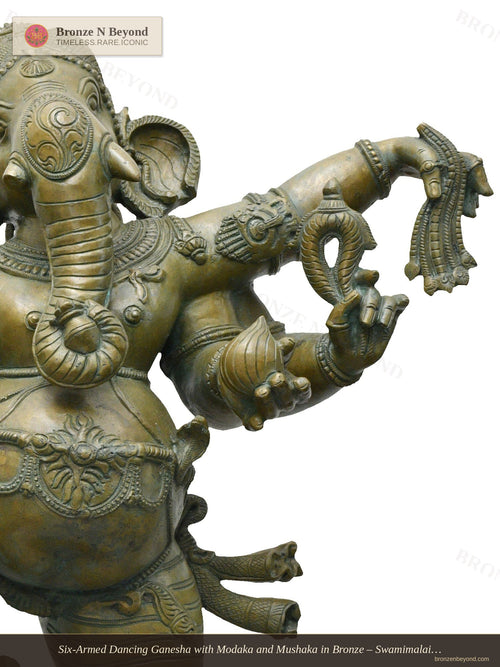 Six-Armed Dancing Ganesha with Modaka and Mushaka in Bronze – Swamimalai, Tamil Nadu