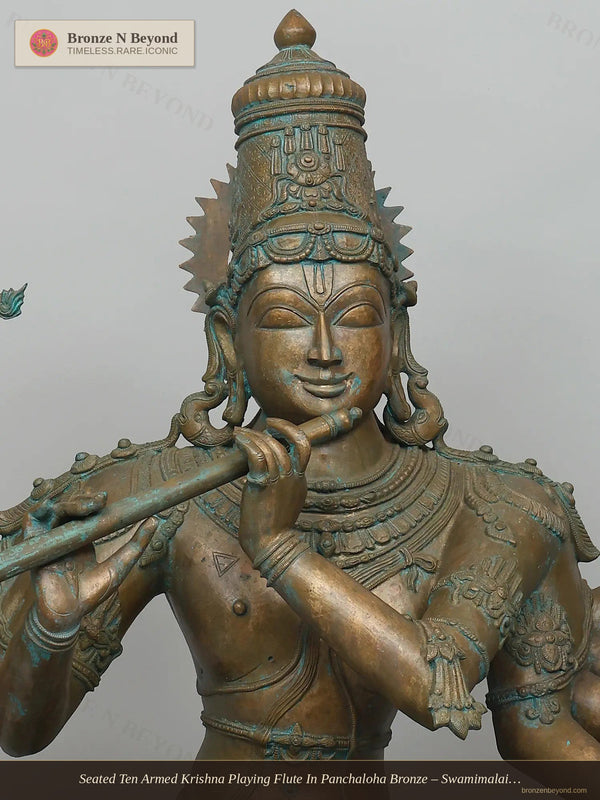 Seated Ten Armed Krishna Playing Flute In Panchaloha Bronze – Swamimalai, Tamil Nadu