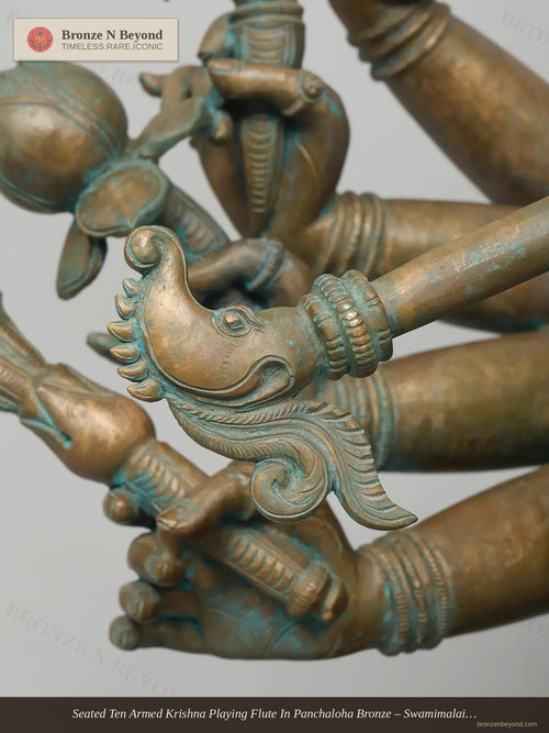Seated Ten Armed Krishna Playing Flute In Panchaloha Bronze – Swamimalai, Tamil Nadu