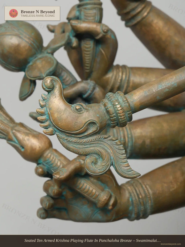 Seated Ten Armed Krishna Playing Flute In Panchaloha Bronze – Swamimalai, Tamil Nadu