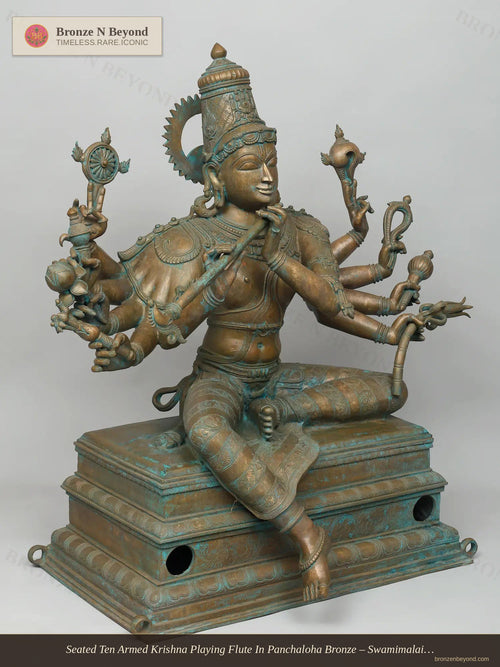 Seated Ten Armed Krishna Playing Flute In Panchaloha Bronze – Swamimalai, Tamil Nadu