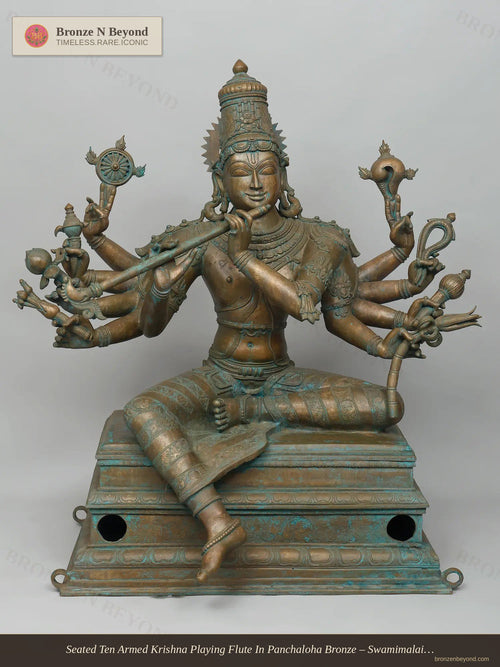 Seated Ten Armed Krishna Playing Flute In Panchaloha Bronze