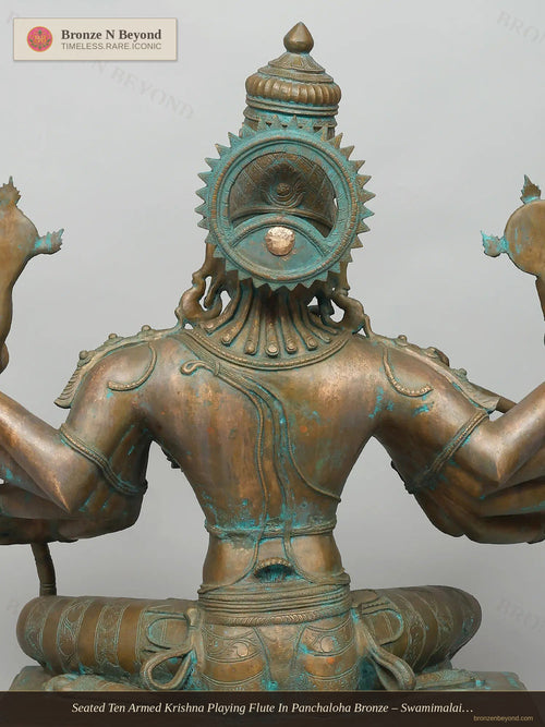 Seated Ten Armed Krishna Playing Flute In Panchaloha Bronze – Swamimalai, Tamil Nadu