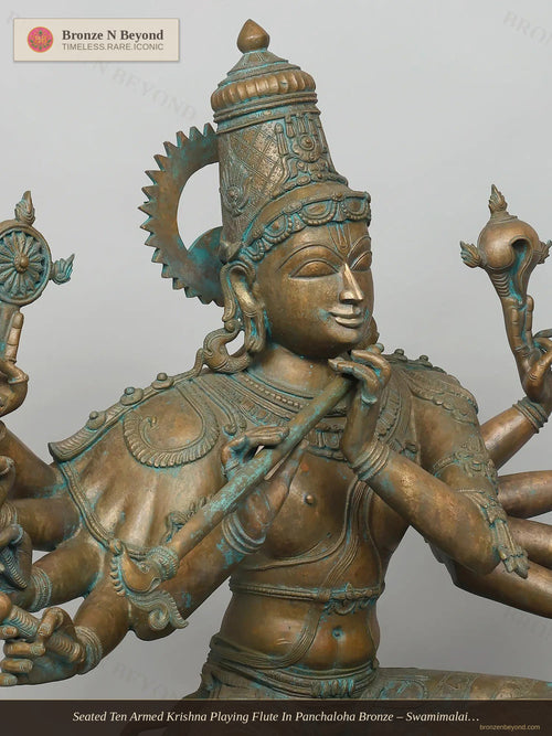 Seated Ten Armed Krishna Playing Flute In Panchaloha Bronze – Swamimalai, Tamil Nadu