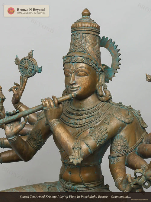 Seated Ten Armed Krishna Playing Flute In Panchaloha Bronze – Swamimalai, Tamil Nadu