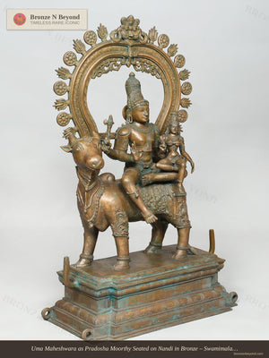 Uma Maheshwara as Pradosha Moorthy Seated on Nandi in Bronze