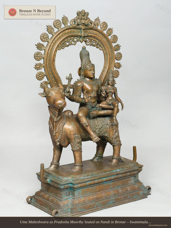 Uma Maheshwara as Pradosha Moorthy Seated on Nandi in Bronze
