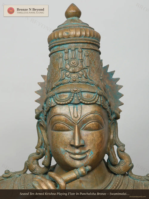 Seated Ten Armed Krishna Playing Flute In Panchaloha Bronze – Swamimalai, Tamil Nadu