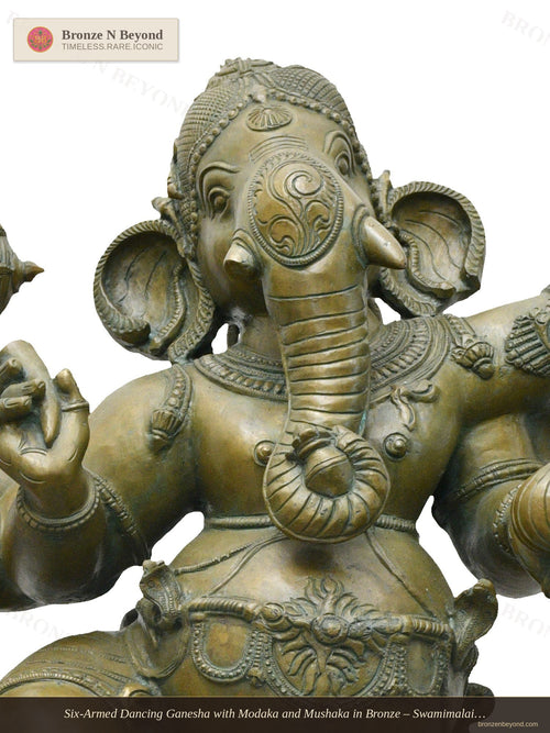 Six-Armed Dancing Ganesha with Modaka and Mushaka in Bronze – Swamimalai, Tamil Nadu