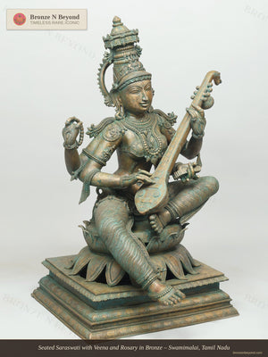 Seated Saraswati with Veena and Rosary in Bronze – Swamimalai, Tamil Nadu