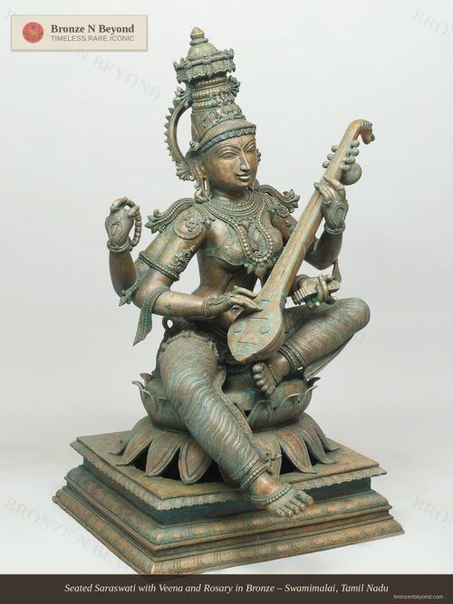 Seated Saraswati with Veena and Rosary in Bronze – Swamimalai, Tamil Nadu