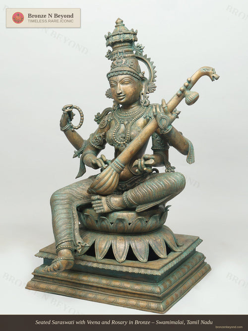 Seated Saraswati with Veena and Rosary in Bronze – Swamimalai, Tamil Nadu