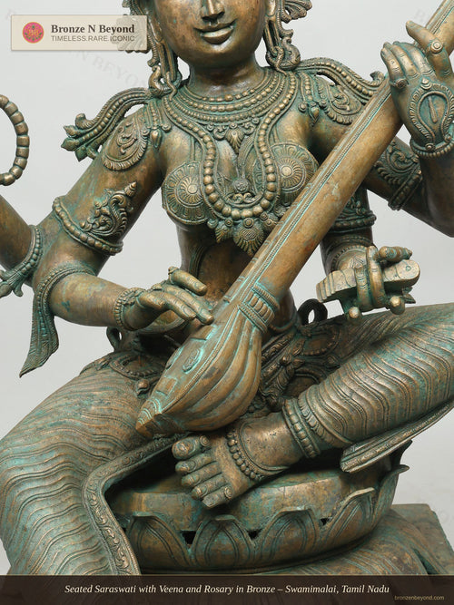 Seated Saraswati with Veena and Rosary in Bronze – Swamimalai, Tamil Nadu