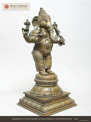 Standing Four-Armed Ganesha on Lotus Pedestal in Panchaloha Bronze – Swamimalai, Tamil Nadu