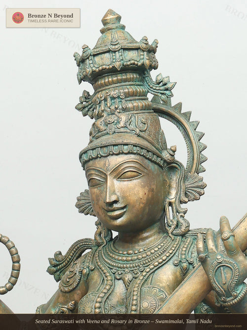 Seated Saraswati with Veena and Rosary in Bronze – Swamimalai, Tamil Nadu