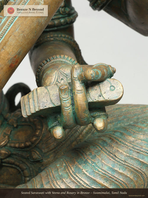 Seated Saraswati with Veena and Rosary in Bronze – Swamimalai, Tamil Nadu