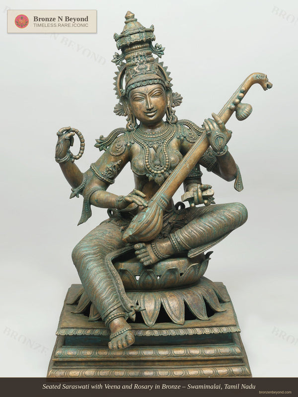 Seated Saraswati with Veena and Rosary in Bronze