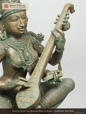 Seated Saraswati with Veena and Rosary in Bronze – Swamimalai, Tamil Nadu