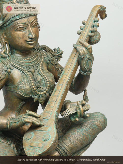 Seated Saraswati with Veena and Rosary in Bronze – Swamimalai, Tamil Nadu