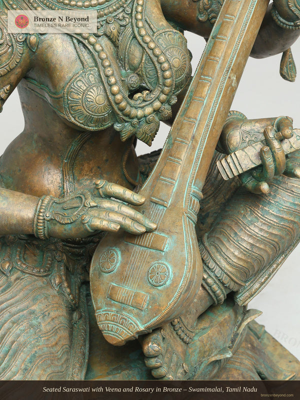 Seated Saraswati with Veena and Rosary in Bronze – Swamimalai, Tamil Nadu