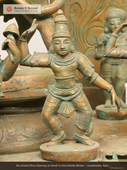 Ten-Armed Shiva Dancing on Nandi in Panchaloha Bronze – Swamimalai, Tamil Nadu