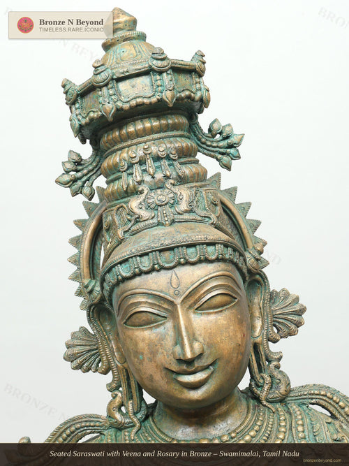 Seated Saraswati with Veena and Rosary in Bronze – Swamimalai, Tamil Nadu