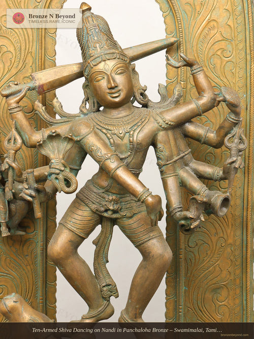 Ten-Armed Shiva Dancing on Nandi in Panchaloha Bronze – Swamimalai, Tamil Nadu