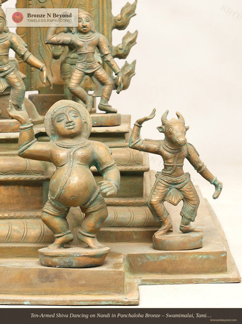 Ten-Armed Shiva Dancing on Nandi in Panchaloha Bronze – Swamimalai, Tamil Nadu