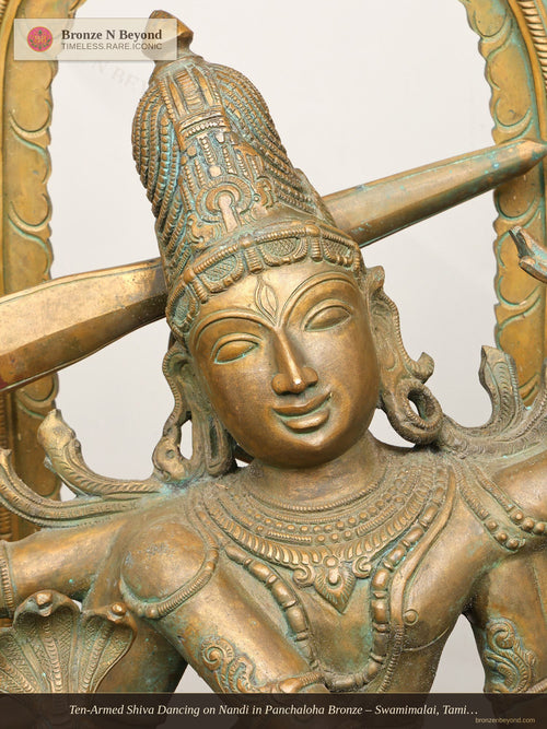 Ten-Armed Shiva Dancing on Nandi in Panchaloha Bronze – Swamimalai, Tamil Nadu