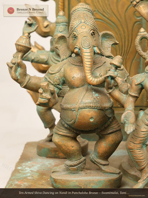 Ten-Armed Shiva Dancing on Nandi in Panchaloha Bronze – Swamimalai, Tamil Nadu