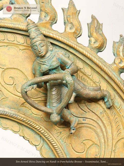 Ten-Armed Shiva Dancing on Nandi in Panchaloha Bronze – Swamimalai, Tamil Nadu