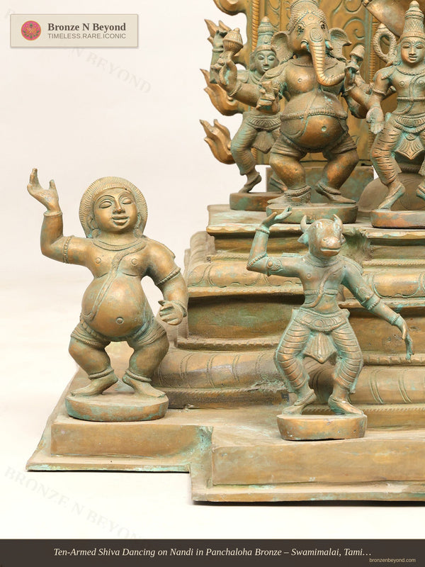 Ten-Armed Shiva Dancing on Nandi in Panchaloha Bronze – Swamimalai, Tamil Nadu