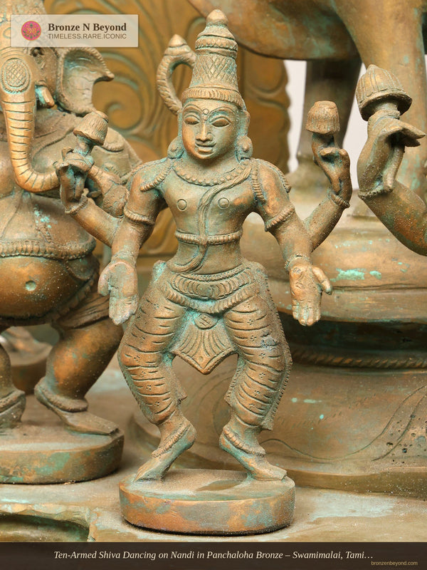 Ten-Armed Shiva Dancing on Nandi in Panchaloha Bronze – Swamimalai, Tamil Nadu