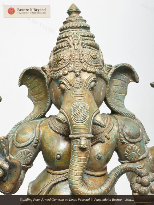 Standing Four-Armed Ganesha on Lotus Pedestal in Panchaloha Bronze – Swamimalai, Tamil Nadu