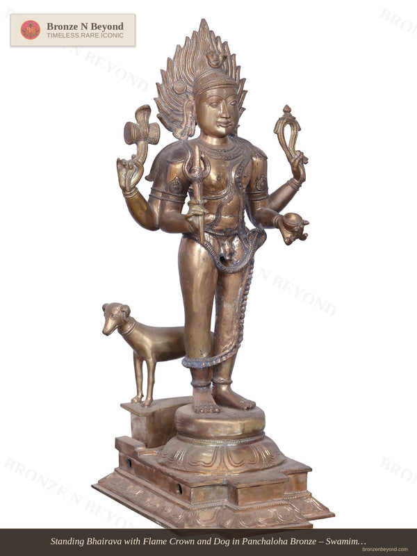 Standing Bhairava with Flame Crown and Dog in Panchaloha Bronze – Swamimalai, Tamil Nadu