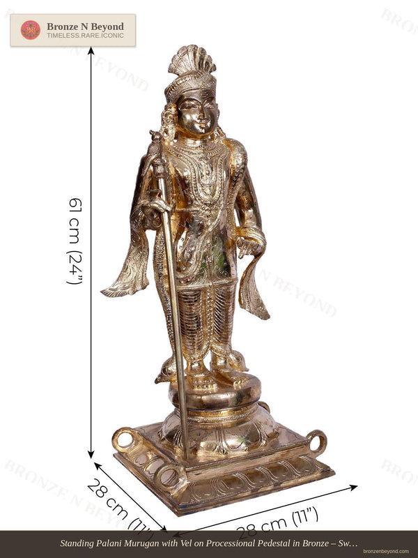 Standing Palani Murugan with Vel on Processional Pedestal in Bronze – Swamimalai, Tamil Nadu