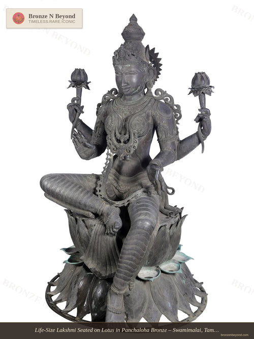 Life-Size Lakshmi Seated on Lotus in Panchaloha Bronze – Swamimalai, Tamil Nadu