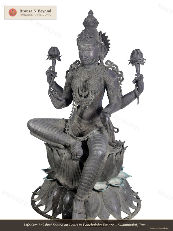 Life-Size Lakshmi Seated on Lotus in Panchaloha Bronze – Swamimalai, Tamil Nadu