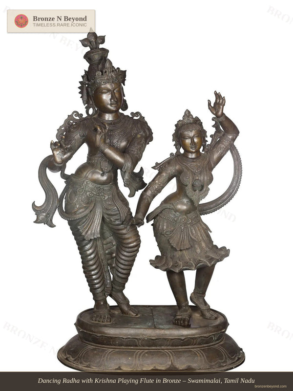 Dancing Radha with Krishna Playing Flute in Bronze