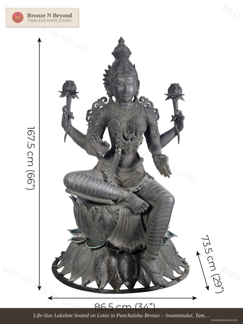 Life-Size Lakshmi Seated on Lotus in Panchaloha Bronze – Swamimalai, Tamil Nadu