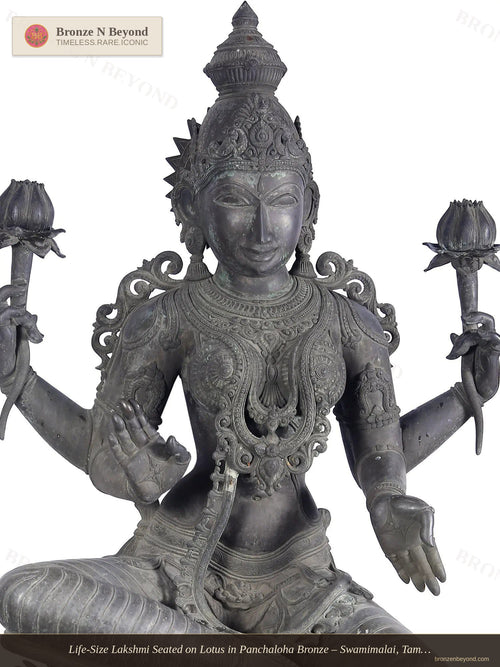 Life-Size Lakshmi Seated on Lotus in Panchaloha Bronze – Swamimalai, Tamil Nadu