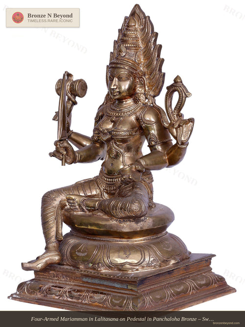 Four-Armed Mariamman in Lalitasana on Pedestal in Panchaloha Bronze – Swamimalai, Tamil Nadu