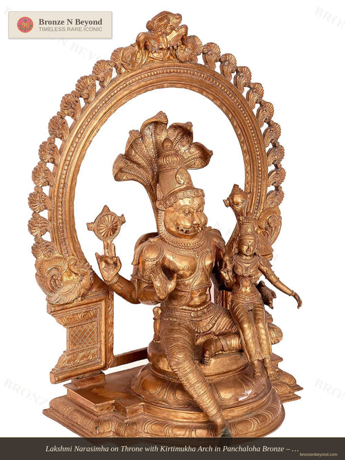 Lakshmi Narasimha on Throne with Kirtimukha Arch in Panchaloha Bronze – Swamimalai, Tamil Nadu