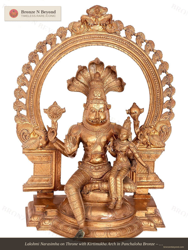 Lakshmi Narasimha on Throne with Kirtimukha Arch in Panchaloha Bronze