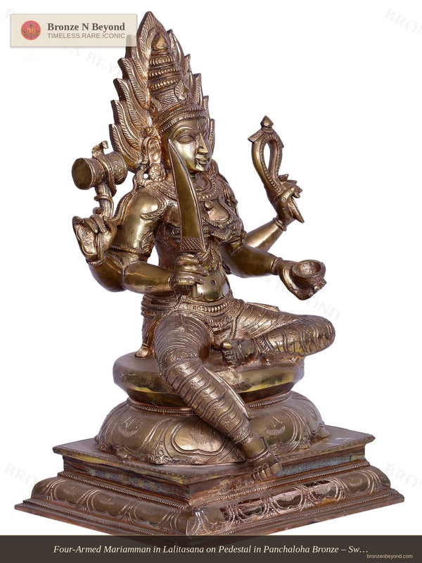 Four-Armed Mariamman in Lalitasana on Pedestal in Panchaloha Bronze – Swamimalai, Tamil Nadu