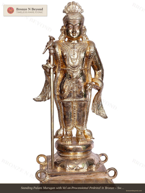 Standing Palani Murugan with Vel on Processional Pedestal in Bronze