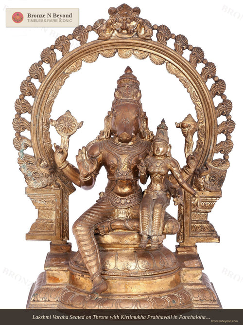 Lakshmi Varaha Seated on Throne with Kirtimukha Prabhavali in Panchaloha Bronze