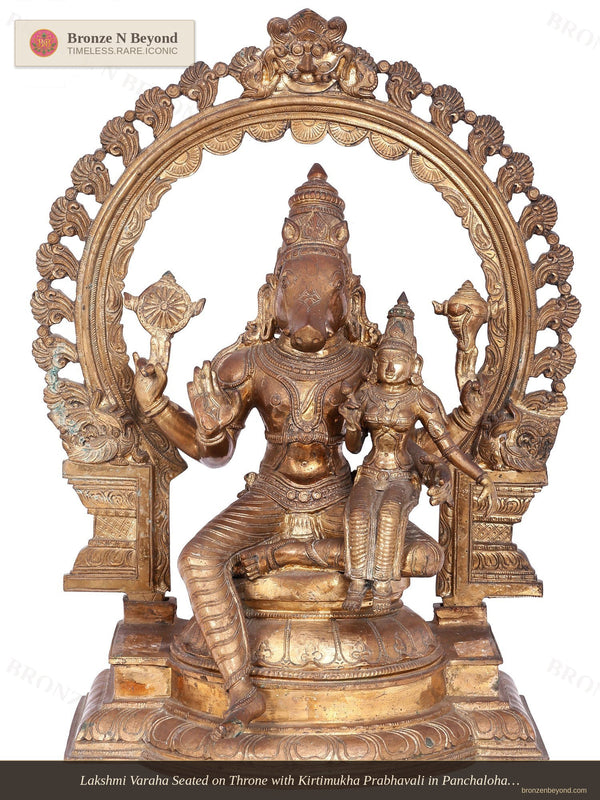 Lakshmi Varaha Seated on Throne with Kirtimukha Prabhavali in Panchaloha Bronze