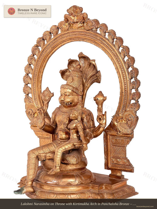 Lakshmi Narasimha on Throne with Kirtimukha Arch in Panchaloha Bronze – Swamimalai, Tamil Nadu